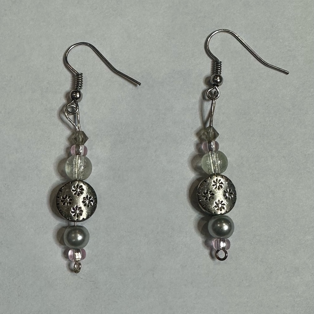 Silver Pink Beaded Flower Dangle Drop Earrings